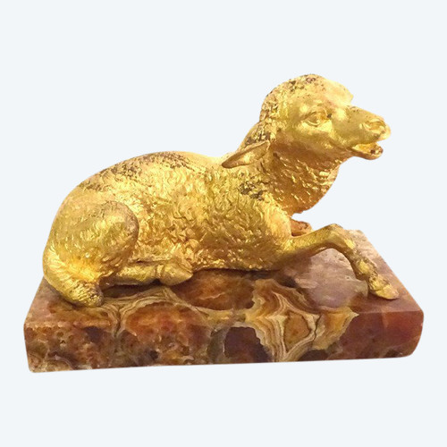 Skulptur-Briefbeschwerer aus vergoldeter Bronze, Schaf-Marmor-Brekzie, 19. Jahrhundert