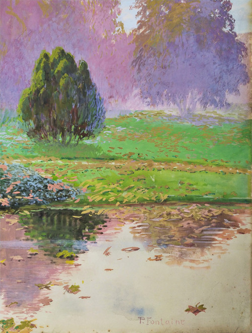 Tableau Paysage Automne Gouache Par P. Fontaine