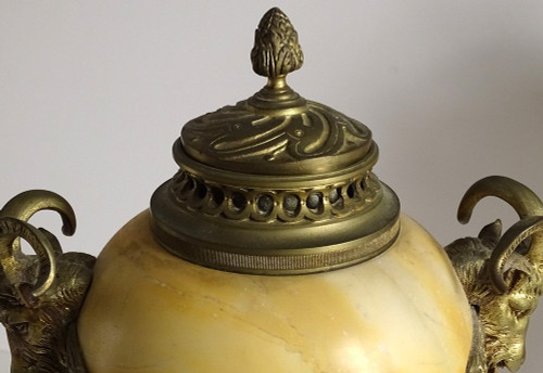 Pair Large Cassolettes Siena Marble Gilt Bronze Rams Heads 19th