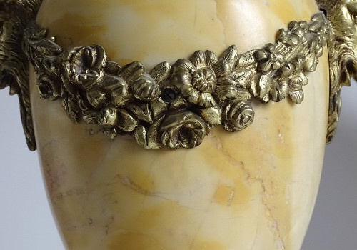 Pair Large Cassolettes Siena Marble Gilt Bronze Rams Heads 19th
