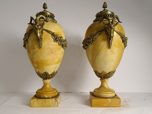 Pair Large Cassolettes Siena Marble Gilt Bronze Rams Heads 19th