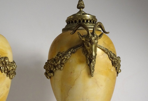 Pair Large Cassolettes Siena Marble Gilt Bronze Rams Heads 19th