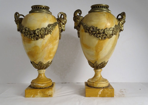 Pair Large Cassolettes Siena Marble Gilt Bronze Rams Heads 19th