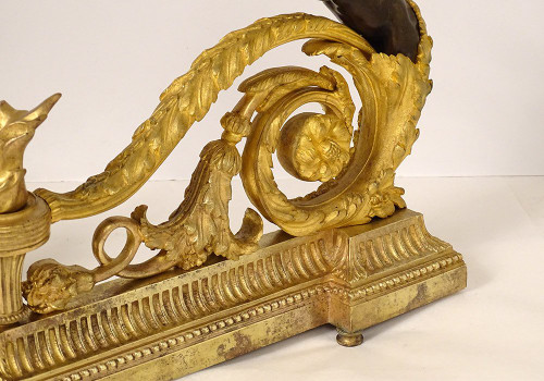 Pair Louis XVI Andirons Gilt Bronze Cherubs Children Arabesques 18th