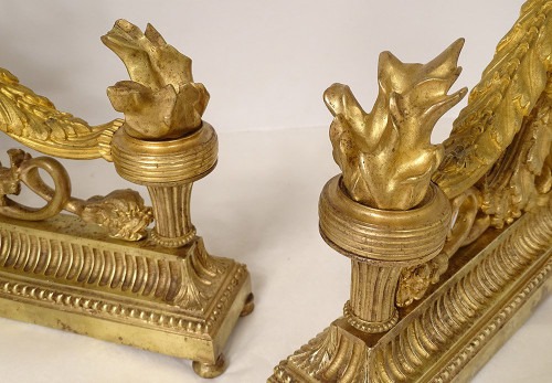 Pair Louis XVI Andirons Gilt Bronze Cherubs Children Arabesques 18th