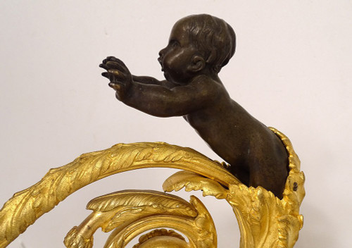 Pair Louis XVI Andirons Gilt Bronze Cherubs Children Arabesques 18th