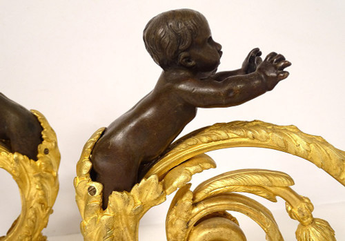 Pair Louis XVI Andirons Gilt Bronze Cherubs Children Arabesques 18th