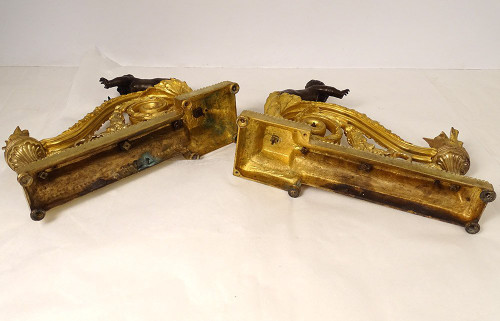Pair Louis XVI Andirons Gilt Bronze Cherubs Children Arabesques 18th