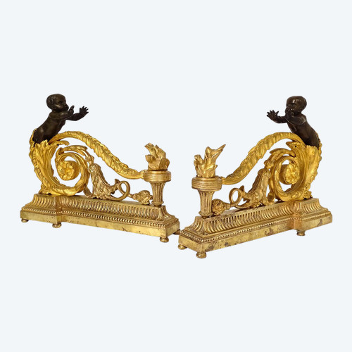 Pair Louis XVI Andirons Gilt Bronze Cherubs Children Arabesques 18th