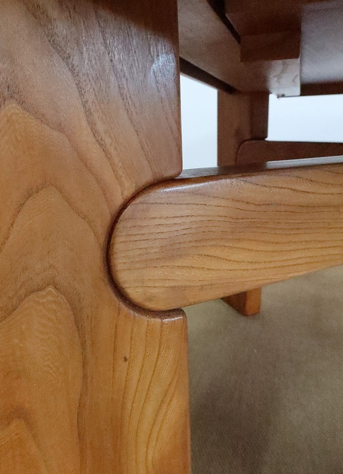 Solid Elm table, with integrated extension, attributed to Maison Regain – 1980