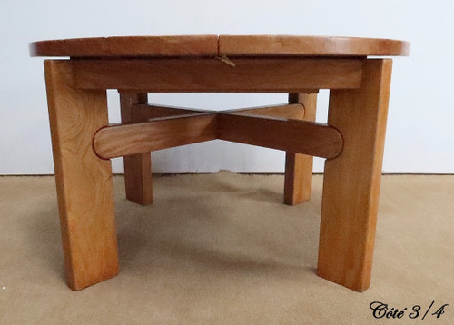 Solid Elm table, with integrated extension, attributed to Maison Regain – 1980