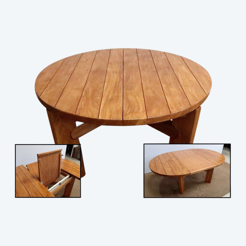 Solid Elm table, with integrated extension, attributed to Maison Regain – 1980