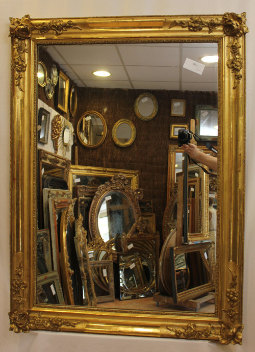 "Large Old Rectangle Gold Leaf Mirror, Rose Decor, Mercury Glass 85 X 116 Cm"
