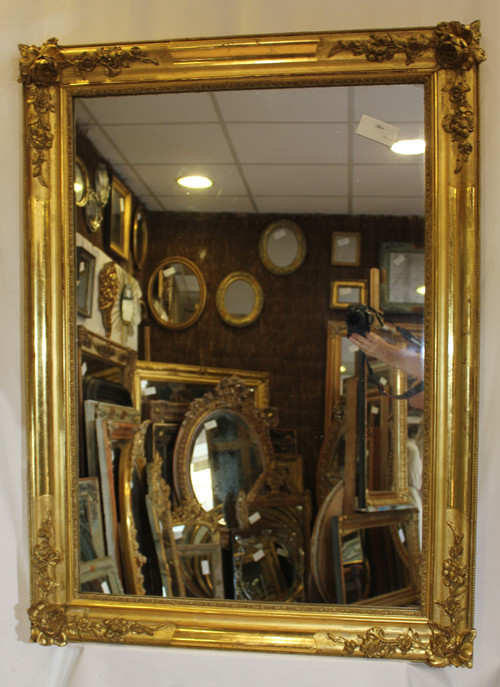 "Large Old Rectangle Gold Leaf Mirror, Rose Decor, Mercury Glass 85 X 116 Cm"