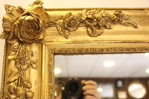 "Large Old Rectangle Gold Leaf Mirror, Rose Decor, Mercury Glass 85 X 116 Cm"