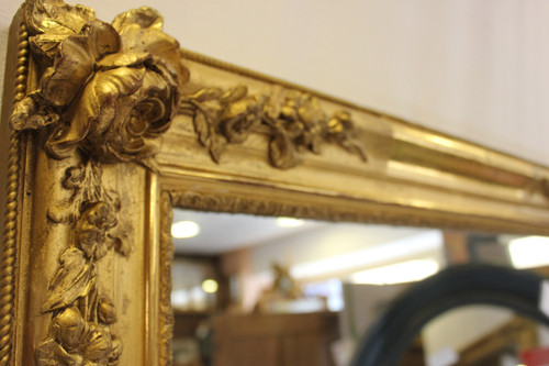 "Large Old Rectangle Gold Leaf Mirror, Rose Decor, Mercury Glass 85 X 116 Cm"