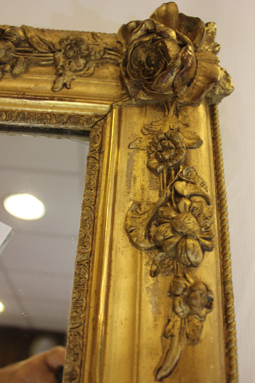 "Large Old Rectangle Gold Leaf Mirror, Rose Decor, Mercury Glass 85 X 116 Cm"