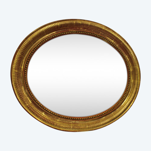Specchio Ovale Luigi Filippo Perlato, Foglia Oro Patinato Originale 55 X 65 Cm