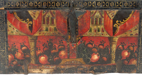 Coffre Coffret Métal Peint Polychrome Coupes Fruits Colonnes XVIIème Siècle