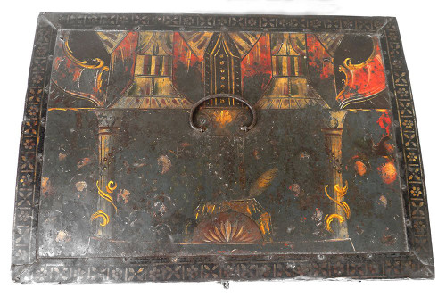 Coffre Coffret Métal Peint Polychrome Coupes Fruits Colonnes XVIIème Siècle