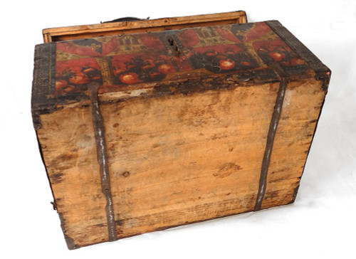 Coffre Coffret Métal Peint Polychrome Coupes Fruits Colonnes XVIIème Siècle