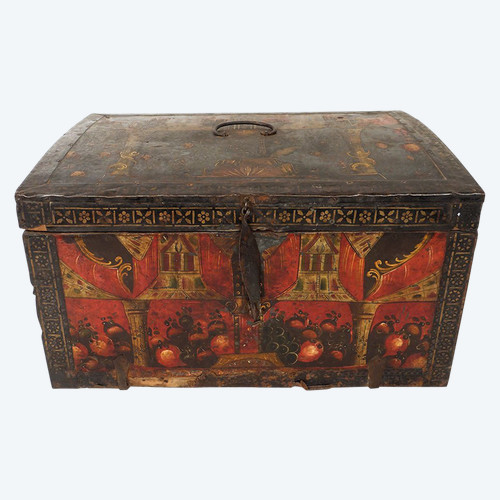 Coffre Coffret Métal Peint Polychrome Coupes Fruits Colonnes XVIIème Siècle