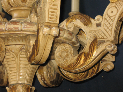 Grande lampadario in legno intagliato in stile Luigi XIV a 8 bracci di luce, epoca XIX secolo