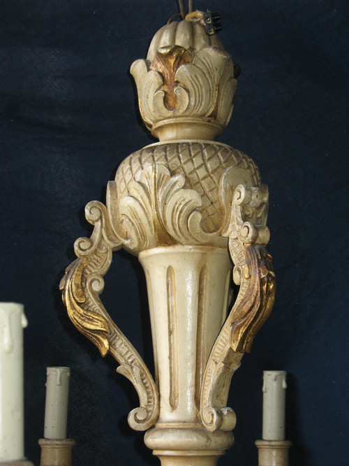Grande lampadario in legno intagliato in stile Luigi XIV a 8 bracci di luce, epoca XIX secolo