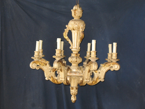 Grande lampadario in legno intagliato in stile Luigi XIV a 8 bracci di luce, epoca XIX secolo
