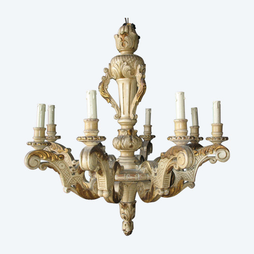 Grande lampadario in legno intagliato in stile Luigi XIV a 8 bracci di luce, epoca XIX secolo