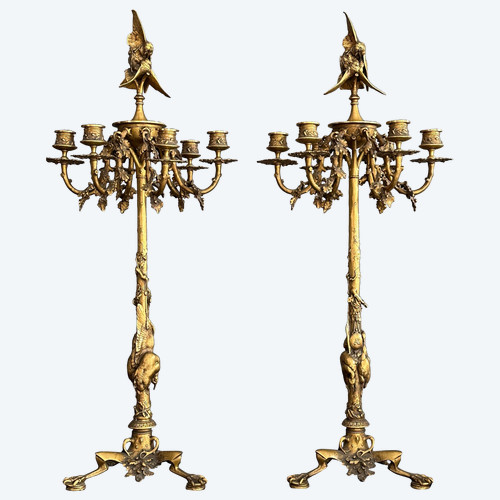 Auguste Nicolas Cain, Important Pair Of Candelabra In Gilt Bronze Signed (1821-1894)