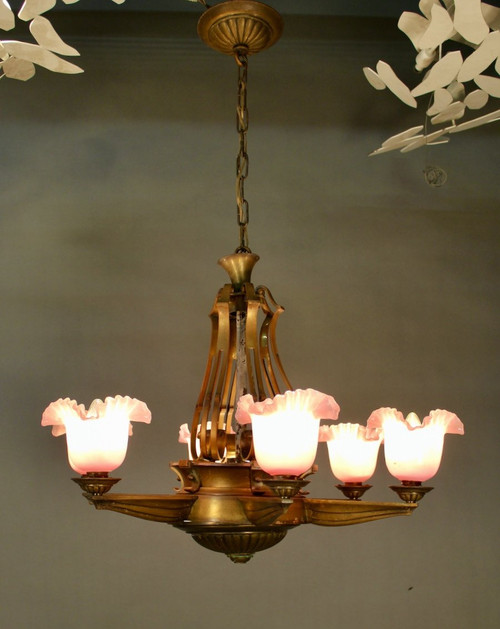 1940 Bronze Chandelier With 6 Arms Of Pink Opaline Lights