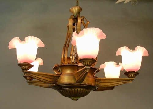 1940 Bronze Chandelier With 6 Arms Of Pink Opaline Lights