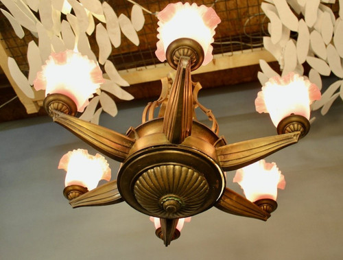 1940 Bronze Chandelier With 6 Arms Of Pink Opaline Lights