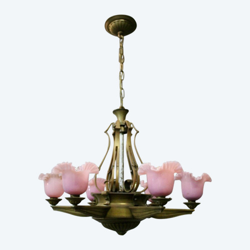 1940 Bronze Chandelier With 6 Arms Of Pink Opaline Lights