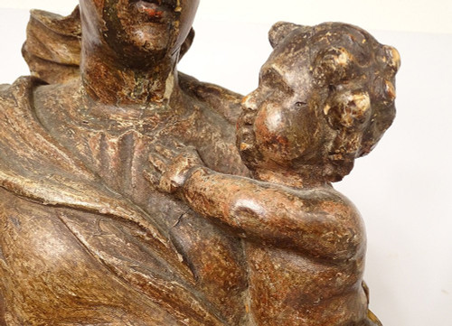 Statua religiosa della Vergine e del Bambino Gesù Legno scolpito in policromia XVIII secolo