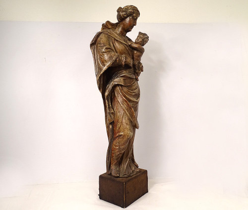 Statua religiosa della Vergine e del Bambino Gesù Legno scolpito in policromia XVIII secolo