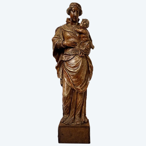 Statua religiosa della Vergine e del Bambino Gesù Legno scolpito in policromia XVIII secolo