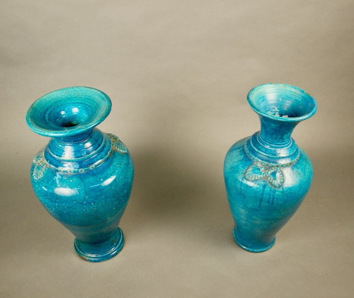 Pair Of Chinese Vases In Blue Cracked Ceramic