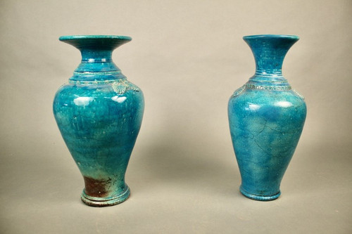 Pair Of Chinese Vases In Blue Cracked Ceramic