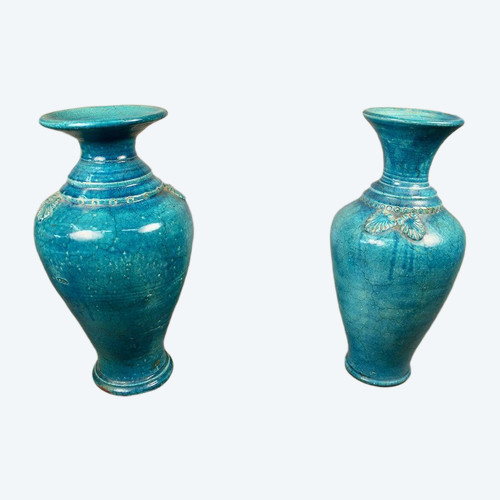 Pair Of Chinese Vases In Blue Cracked Ceramic