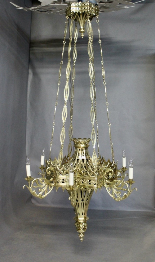 Lampadario gotico fiammeggiante in bronzo del XVII secolo