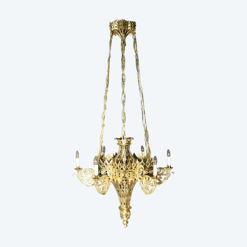Lampadario gotico fiammeggiante in bronzo del XVII secolo
