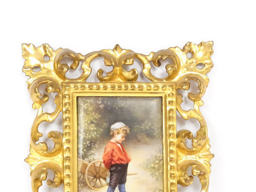 Gemälde auf Porzellan, Kindergemälde, goldener Holzrahmen, Lanfant de Metz, 19. Jahrhundert