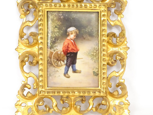 Gemälde auf Porzellan, Kindergemälde, goldener Holzrahmen, Lanfant de Metz, 19. Jahrhundert