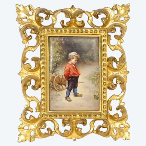 Gemälde auf Porzellan, Kindergemälde, goldener Holzrahmen, Lanfant de Metz, 19. Jahrhundert