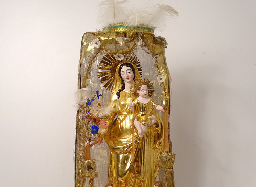 Large Virgin of Marseille Santibelli Terracotta Child Jesus Globe 19th century