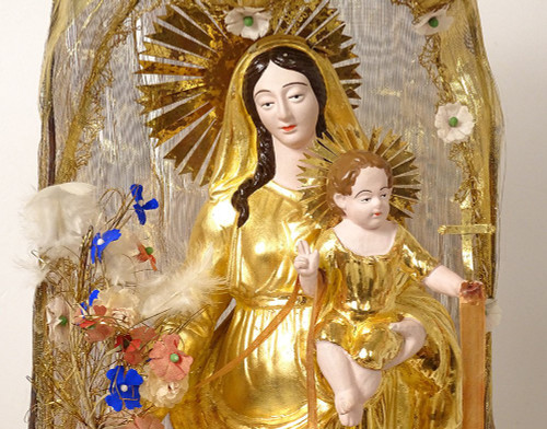 Large Virgin of Marseille Santibelli Terracotta Child Jesus Globe 19th century