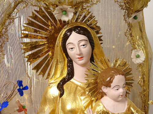 Large Virgin of Marseille Santibelli Terracotta Child Jesus Globe 19th century