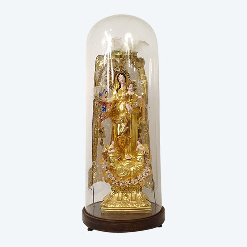 Large Virgin of Marseille Santibelli Terracotta Child Jesus Globe 19th century